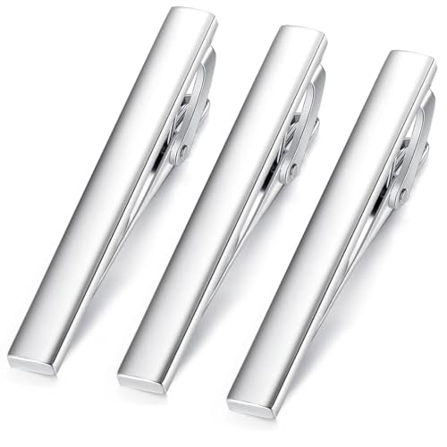 HONEY BEAR 2.12" Standard Tie Clip Bar 3-Piece Set for Men Wedding Business | Classic Minimalist, Steel-Plated Copper Base, Gift-Boxed, Thickened, Rounded Corners, Easy to Slide On, No Snag or Wrinkle - style: Shinny Silver with box