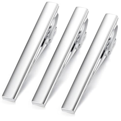 HONEY BEAR 2.12" Standard Tie Clip Bar 3-Piece Set for Men Wedding Business | Classic Minimalist, Steel-Plated Copper Base, Gift-Boxed, Thickened, Rounded Corners, Easy to Slide On, No Snag or Wrinkle - style: Shinny Silver with box