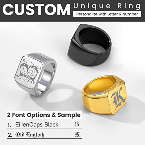 GoldChic Jewelry Personalized Signet Rings Men Women, Stainless Steel Custom Photo Bold Square/Oval Monogram/Old English Initial Pinky Stacking Statement Ring in Black/Silver/Gold (Size 7-14) - color: Black-Initial -Square