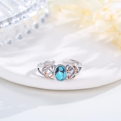 PRAYMOS 925 Sterling Silver Ring Birthstone Ring Turquoise Moss White Opal Ring for Women Celtic Knot Open Adjustable Thrumb Ring - color: green turquoise
