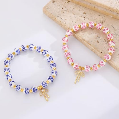 3PCS Bow Beaded Jewelry Set for Women Vintage Handmade Flower Blue And White Porcelain Enamel Ribbon Necklace Bracelet and Earrings Bow Christmas Birthday Holiday Charm Romantic Jewelry Gifts - style: Style B