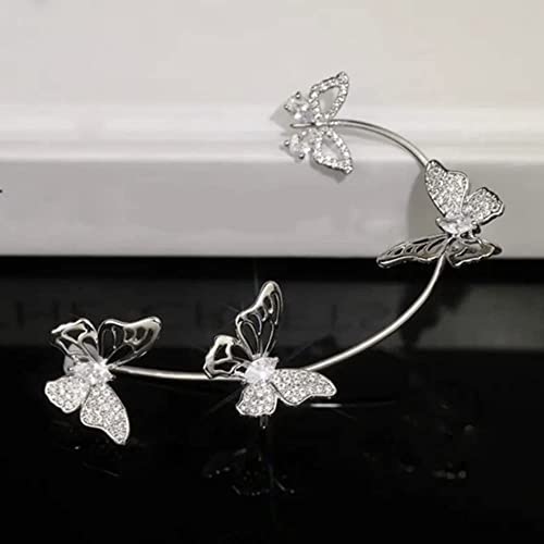 2Pcs Butterfly Ear Cuffs Rhinestone Clip On Earrings | Rhinestone butterfly ear cuffs with non piercing clip on design; silver ear wrap climber jewelry for parties and weddings - style: Style C Silver