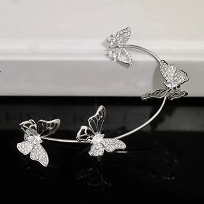 2Pcs Butterfly Ear Cuffs Rhinestone Clip On Earrings | Rhinestone butterfly ear cuffs with non piercing clip on design; silver ear wrap climber jewelry for parties and weddings - style: Style C Silver