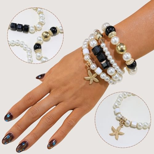 Bohemian Pearl Bracelet Set, 4 Piece Elastic Stretch Beaded Wrist Chain with Starfish Pendant, Boho Faux Pearl Multi-Color Stackable Bracelets for Women - color: Black
