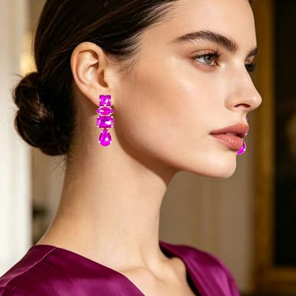 Dainty Sparkly Crystal Square Teardrop Circle Dangle Drop Earrings Long Chic Glitter Rhinestones Geometry Stud Earrings For Women - style: Rose Red