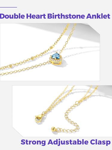 Richsteel Double Layer Heart/Butterfly Birthstone Anklet for Women | Non Tarnish Waterproof, Silver/Gold/Black Stainless Steel 8.5-10.5 Inch Adjustable Chain Anklets Summer Beach Foot Jewelry - color: Gold Heart-03 Mar.(Aquamarine)