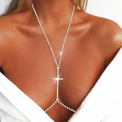Urieo Rhinestone Bra Chain Crystal Body Chain Jewelry for Women - style: Silver
