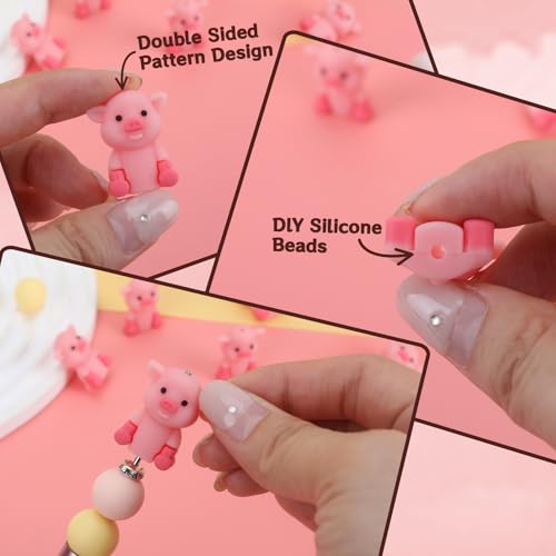 12pcs 3D Pig Silicone Focal Beads for Pens | Focal Beads for Keychain Making,Pens,Bracelet,Necklace Crafts,Bulk Silicone Beads for DIY（3D Pig） - color: 3D Pig