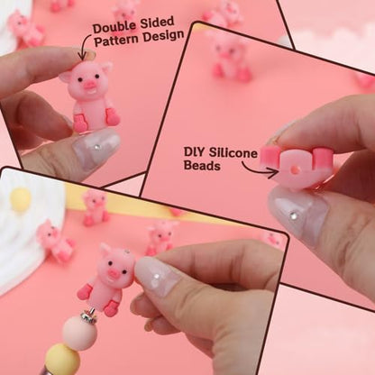 12pcs 3D Pig Silicone Focal Beads for Pens | Focal Beads for Keychain Making,Pens,Bracelet,Necklace Crafts,Bulk Silicone Beads for DIY（3D Pig） - color: 3D Pig