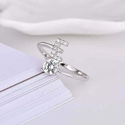 FUTIMELY Initial Letter Ring Alphabet Ring A-Z Silver Crystal Open Adjustable Personalized Initial Ring for Women - style: E