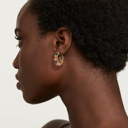 Trendy 14K Gold Plated Hoop Earrings for Women, Chunky Gold/Silver Earrings for Women Cubic Zirconia Baguette Hoop Earrings Heart Hoops Lightweight Hypoallergenic Jewelry,25mm/35mm/40mm/50mm - color: 01 Gold Rainbow Hoops 25mm