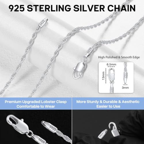 925 Sterling Silver Chain Necklace for Women, 2mm Rope Chains 14K Gold Plated Chain for Women Shiny Women's Chains Necklace 16 18 20 22 24 26 Inch - color: Sterling Silver