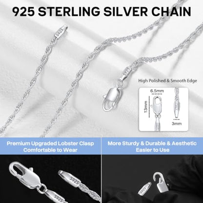 925 Sterling Silver Chain Necklace for Women, 2mm Rope Chains 14K Gold Plated Chain for Women Shiny Women's Chains Necklace 16 18 20 22 24 26 Inch - color: Sterling Silver