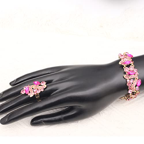 Jewelry Set for Women, Statement Necklace Dangle Earrings Bracelet Ring, White/KC Gold Plated Jewelry Set with Rhinestone Pearl Crystal Wedding Party Jewelry for Bridal Bridesmaid - color: Set001-Style2-Rose Red-Gold Plated