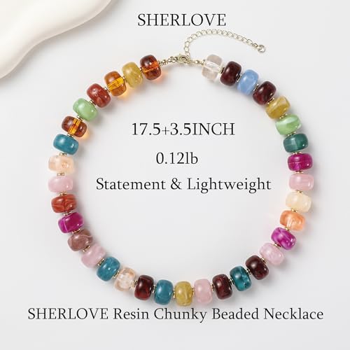 SHERLOVE Chunky Statement Large Resin Beaded Choker Necklaces for Women | Big Lightweight Bead Beaded Necklace Trendy Fashion Boho Summer Beach Vacation Jewelry - color: Beaded Choker Colorful