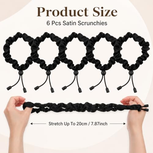 6Pcs Black Adjust Satin Hair Tie, Adjustable Black Hair Ties Satin Scrunchies Elastic Satins Headband for Women Girls Afro Puff Thick Curly Hairs Adjustable Loc Accessories for Blacks Women