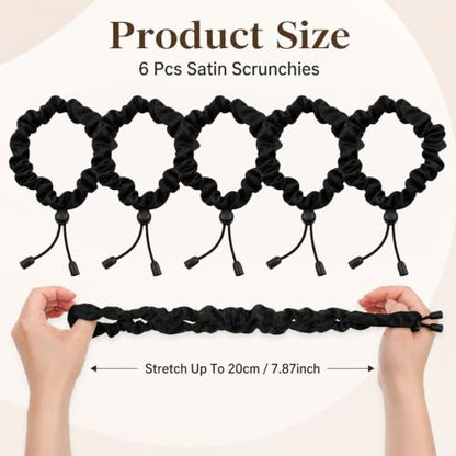6Pcs Black Adjust Satin Hair Tie, Adjustable Black Hair Ties Satin Scrunchies Elastic Satins Headband for Women Girls Afro Puff Thick Curly Hairs Adjustable Loc Accessories for Blacks Women