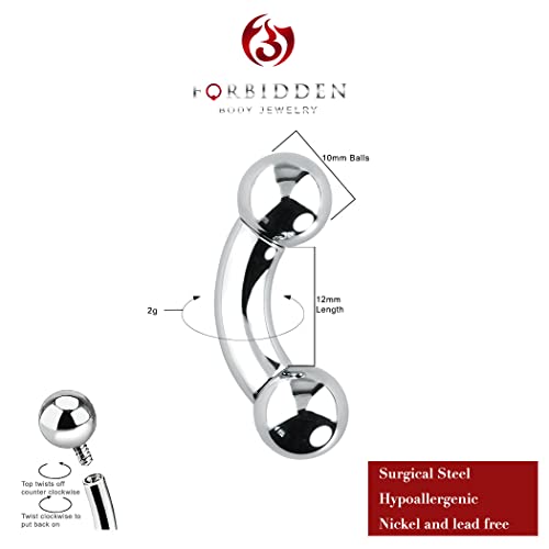 Forbidden Body Jewelry Curved Barbell Piercing Jewelry - 00GA-16GA Silver Eyebrow Piercing - Surgical Steel Snake Eye Frog Eyes Tongue Rings & Belly Rings for Women (6/14mm Bar, 3/12mm Balls) - style: 2GA, 12mm Length, 10mm Balls