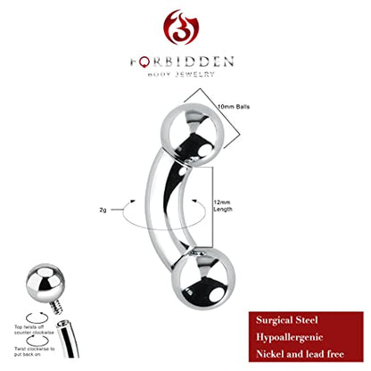 Forbidden Body Jewelry Curved Barbell Piercing Jewelry - 00GA-16GA Silver Eyebrow Piercing - Surgical Steel Snake Eye Frog Eyes Tongue Rings & Belly Rings for Women (6/14mm Bar, 3/12mm Balls) - style: 2GA, 12mm Length, 10mm Balls
