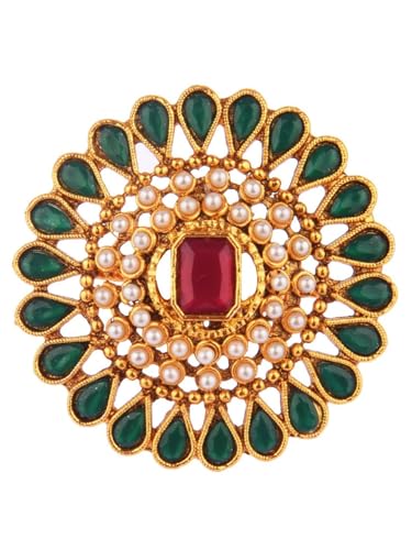 Efulgenz Indian Jewelry Ring Round Faux Pearl Crystal Adjustable Big Finger - color: Green