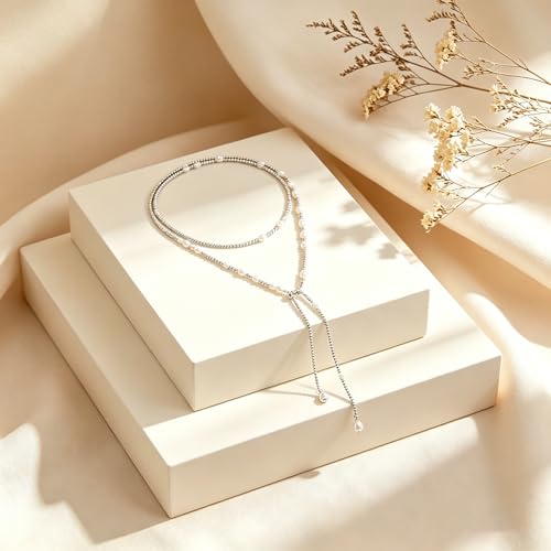 Lariat Long Beaded Necklaces for Women Trendy Y-Shaped Pendant Necklace with Turquoise Baroque Pearl Drops Layered Bohemian Beaded Necklace Fashion Statement Jewelry Gifts - color: Silver2