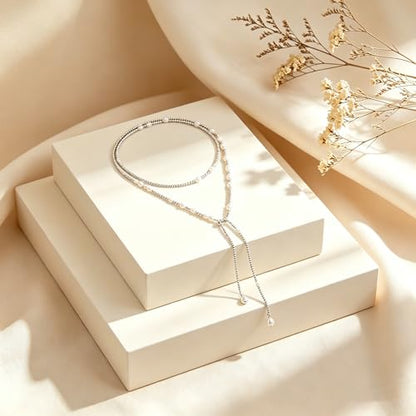Lariat Long Beaded Necklaces for Women Trendy Y-Shaped Pendant Necklace with Turquoise Baroque Pearl Drops Layered Bohemian Beaded Necklace Fashion Statement Jewelry Gifts - color: Silver2