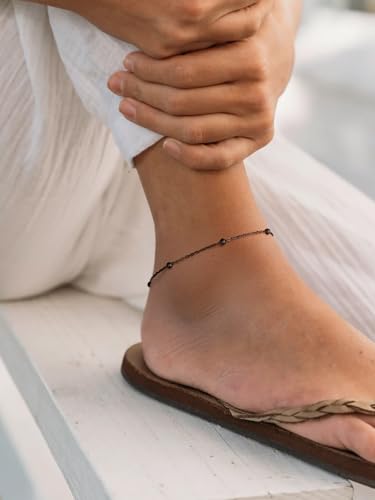 ChainsHouse Ankle Bracelets for Women, Stainless Steel Beaded Chain Ankle Bracelet, Womens Heart Anklets for Summer Beach Jewelry Gifts - color: K: bead-3.5mm-black