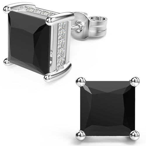 Princess Cut Cubic Zirconia Stud Earrings for Men Women | Square CZ Simulated Diamond Studs, 18K White Gold Plated Sterling Silver, Hypoallergenic - color: Black, size: 8MM