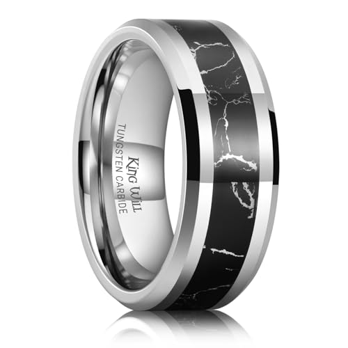 King Will Tungsten Wedding Band Wood Inlay for Men Black Beveled Edge | Black, 8mm, Beveled Edge, Comfort Fit, Wood inlay, Promise Gift - color: Gunmetal-Black