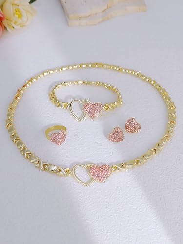 Women's Gold wedding Jewelry Set Tricolor Hugs Kisses Heart necklace set - color: 1 Heart Pink