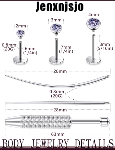 Jenxnjsjo F136 Titanium 20/18/16g Earrings Nose Lip Rings Studs Labret Medusa Tragus Helix Conch Cartilage Piercing Jewelry for Women - color: Purple, size: 20g