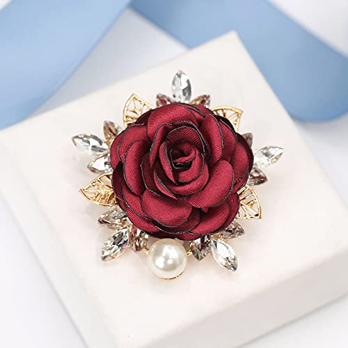 Elegant Rose Flower Brooch Pin for Women Men Wedding Party Gentleman's Essentials Handmade Imitation Crystal Pearl Fabric Flower Lapel Pin Dress Suit Accessories Boutonniere Ideas Gift - color: Red