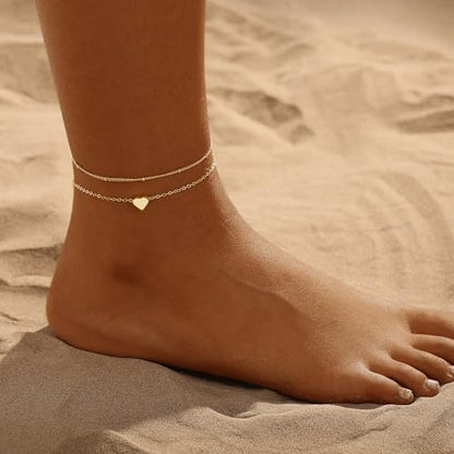 ASCOMY Ankle Bracelets for Women 14K Gold/Silver Plated Anklets for Women Waterproof Layered Cute Beads Dot Shining Twist Rope Chain Pearl Bar Link Heart Anklets Summer Beach Foot Chain Jewelry Gifts - style: Anklet A