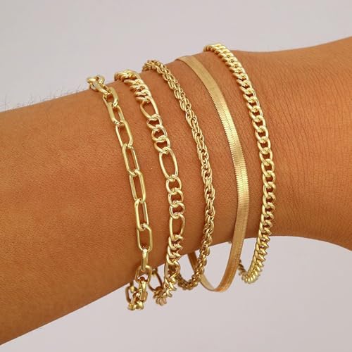 Women's Bracelet Set, 5PCS Gold Plated Stackable Bracelets - Thin Chain, Cuban Link, Paperclip Styles, Dainty Fashion Jewelry Gift for Women