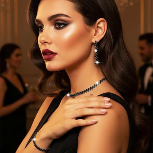 Aukmla Bridal Jewelry Set Silver Sparkly Choker Wedding Necklace Bracelet Earring Sets Prom Necklaces for Women and Brides - color: Black
