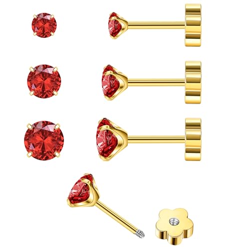 14K Gold CZ Flat Back Earrings for Women Hypoallergenic Cartilage Cubic Zirconia Earrings Studs 20G Handmade Nap Screw Back Earrings for Helix Conch Multiple Piercing - color: Red-CZ