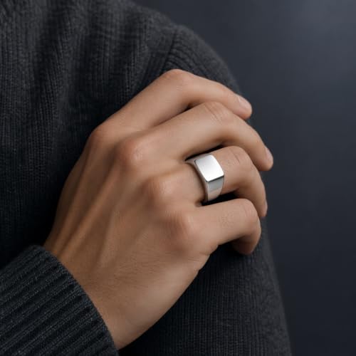 MYNENEY Stainless Steel Square Shape Signet for Men Statement Ring - color: 10x16mm Silver