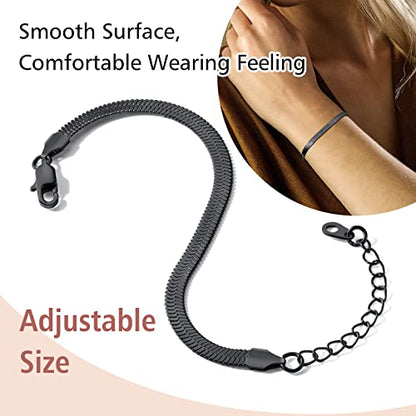 FindChic Elegant Herringbone Snake Chain Anklets/Bracelets 3MM/5MM Width Stainless Steel/18K Gold/Rose Gold Plated/Black 4 Color Options, 8.3'' 8.5'' 10.5'' Length, with Gift Box - color: B: 5mm 6.3'' bracelet (Black)
