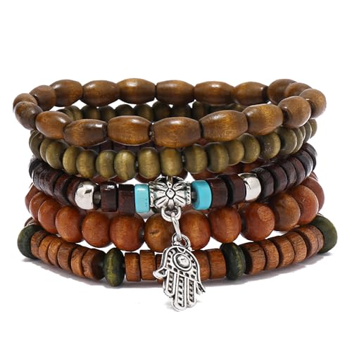 Wooden Beads Stretch Bracelet Multi-Layered Stretch Bracelet for Women Men Elastic Bracelet 5pcs - color: A-06