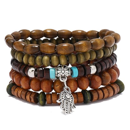 Wooden Beads Stretch Bracelet Multi-Layered Stretch Bracelet for Women Men Elastic Bracelet 5pcs - color: A-06