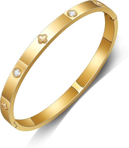 Gold Bangle Bracelet with Crystal Stones, Clover Design, Hinged Cuff, Stainless Steel