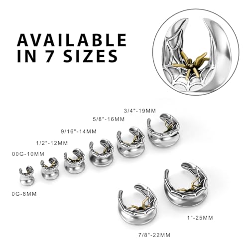ERKUOO 2PCS 0g 00g-1" Gothic Golden Raven Skull Saddle Ear Gauge Spider Web Double Flared Plug Tunnels Expander Piercing Jewelry For Women Men 8mm-25mm - color: Spider Web-Silver, size: 00g=10mm