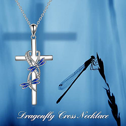 POPLYKE Cross Necklace for Women 925 Sterling Silver Cross Pendant Necklace Animal Jewelry Christmas Gifts for Women Mother Grandma - style: Dragonfly