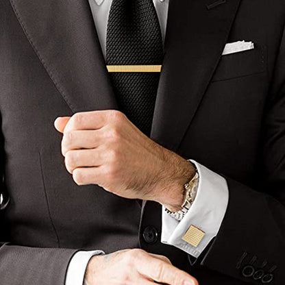 HAWSON Metal Cufflinks and Tie Clip Set for Men Novelty Cuff Links and Tie Bar Gifts for Wedding Level,Football, Musical Symbols Designs - color: Gold Squares Ridged set