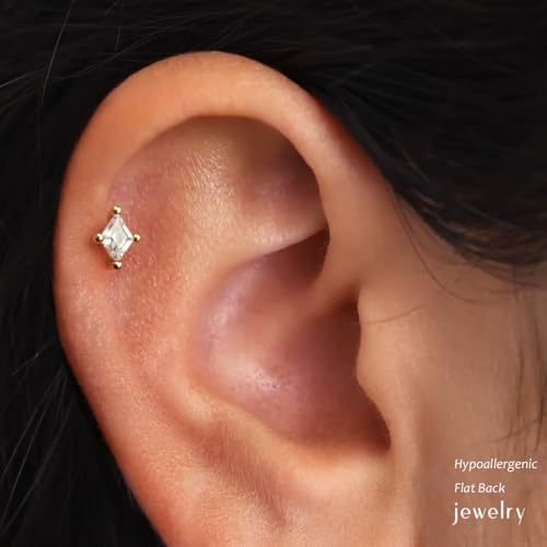20G/18G/16G Flat Back Earrings Tiny Nose Stud, Cartilage Earring Threadless Tragus Helix Stud Conch Piercing Jewelry - color: CZ Climber(gold 3pcs), size: 16 gauge (1.2mm post)