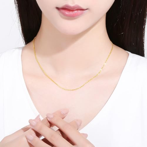 Gold Silver Necklace Chain With Adjustable Lobster Clasp, Diamond Cut Geometric Gold Beads Stationed on Dainty 2mm Cable Box Chain, 16 Inches Rolo Oval Figaro Link Singapore Chain. - color: Gold04