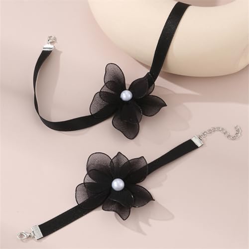 Nojess Black Bow Earrings Necklace Set Fabric Rose Flower Choker Necklace Bracelet Set for Party Bride Wedding Prom Jewelry - color: Black Flower Necklace Bracelet Set