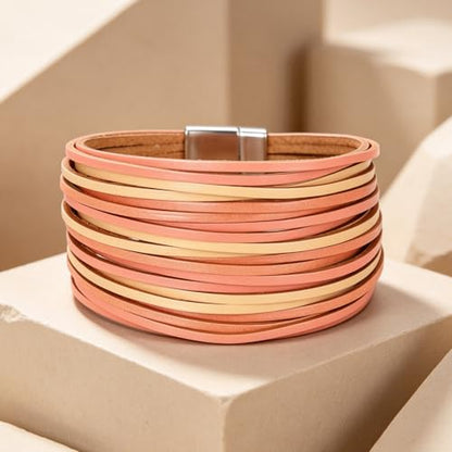 hotoo Leather Wrap Bracelet for Women - color: Pinkish brown