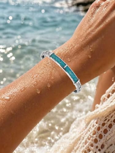Native American Genuine Turquoise Cuff Bracelet for Women, 925 Sterling Silver Turquoise Boho Bangle, Adjustable Open Cuff Fits 6-7.5 Inches - style: Crushed Turquoise