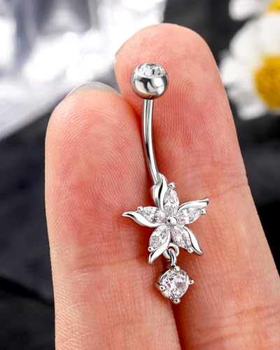 Flower Belly Button Ring 14G Dangle Navel Rings Stainless Steel Belly Button Piercing Jewelry - color: WG-10MM